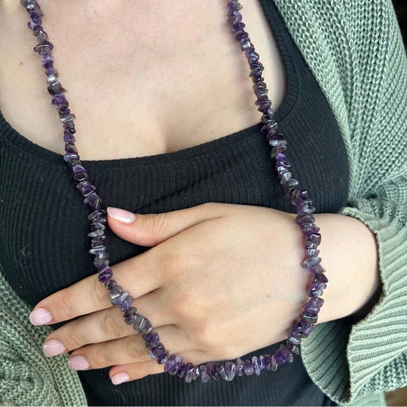 Amethyst Gemstone Beaded Long Crystal Rock Necklace - Picture 1 of 4